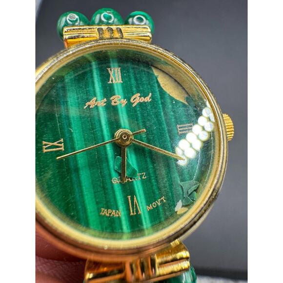 Vintage Art by God Malachite Gemstone Gold Tone Quartz Watch Beaded Band Working main image 8